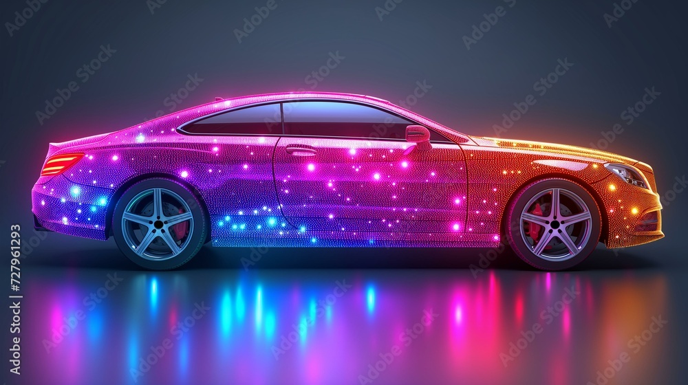 Car illuminated with vibrant neon lights.