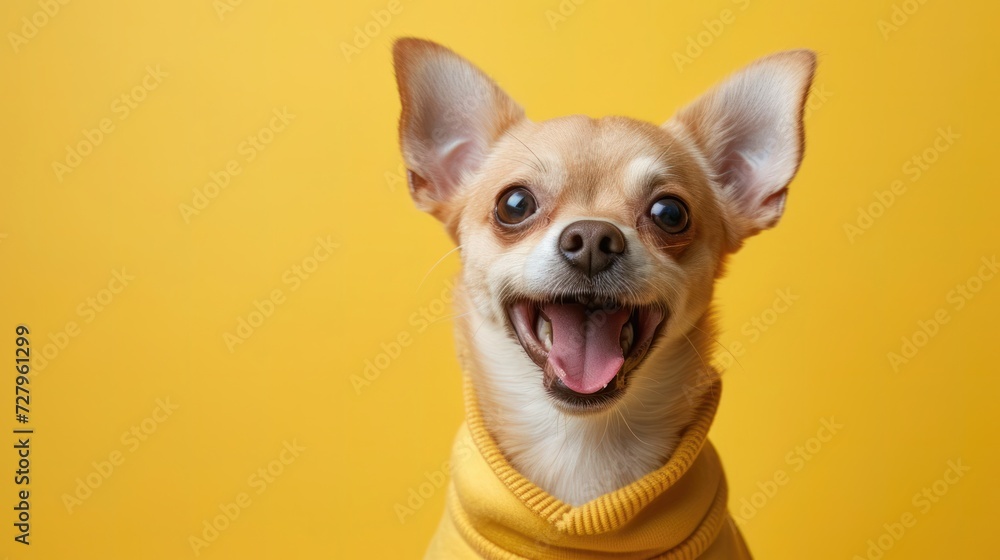 Funny cute puppy surprised in yellow hoodie wonder, shocked, creative minimal concept on yellow background. Wow! Hipster puppy dog amazed screaming in fashionable outfit for sale, shopping, advert