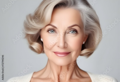 An elderly woman with blonde hair and blue eyes looking into the camera on white background photo