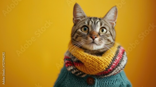 Funny cat in trendy outfit, creative minimal concept on yellow background. Hipster cat kitten fashionable for sale, shopping, advert © Happy Lab