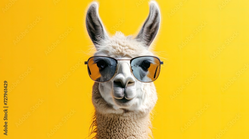 Funny lama in sunglasses, creative minimal concept on yellow background. Hipster lama in fashionable outfit for sale, shopping, advert Funny lama in sunglasses, creative minimal concept on yellow background. Hipster lama in fashionable outfit for sale, shopping, advert