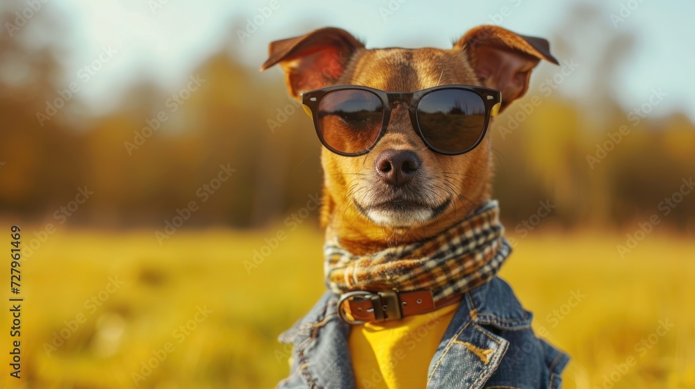 Funny cute puppy in yellow hoodie and sunglasses, creative minimal concept on yellow background. Hipster puppy dog in fashionable outfit for sale, shopping, advert