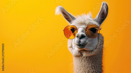 Funny lama in sunglasses, creative minimal concept on yellow background. Hipster lama in fashionable outfit for sale, shopping, advert photo