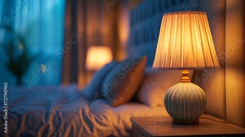 Feel the comfort of home with a warm lamp lighting a cozy bedroom at dusk