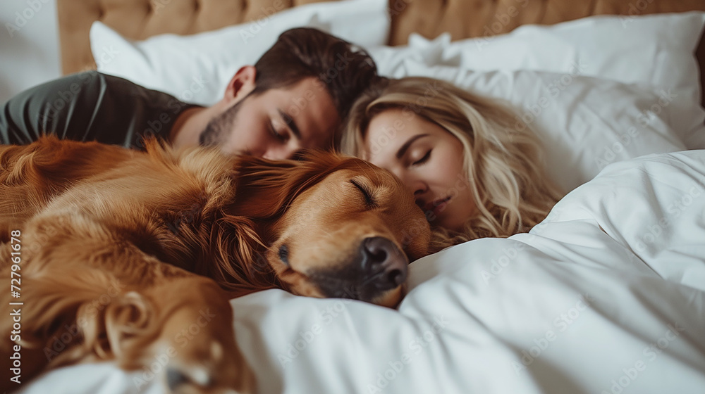 coppia e grande cane che dormono insieme nel letto bianco di casa, situazione divertente coppia e grande cane che dormono insieme nel letto bianco di casa, situazione divertente