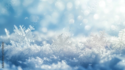 Frozen winter landscape with snowflakes and ice crystals on a cold blue background © furyon