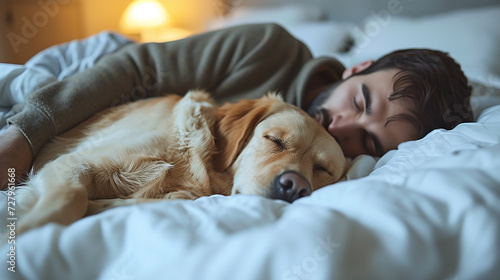 giovane uomo che dorme sereno con il suo grosso cane in un letto bianco