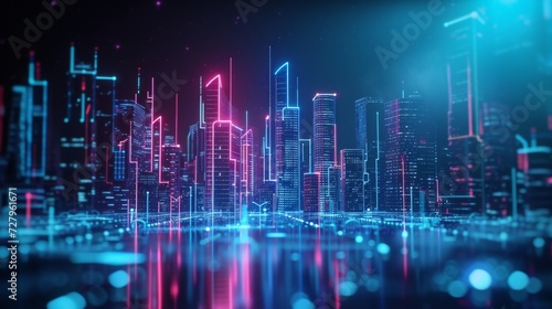 Futuristic city concept with neon lights and digital elements on a dark background