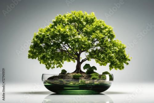 Lush green bonsai tree in transparent bowl on reflective surface