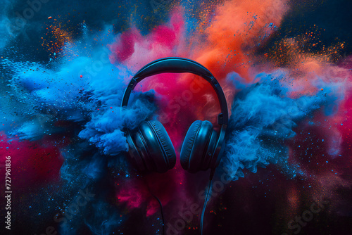 Headphones with music playing in an explosion of colored powder symbolizing the melody. Abstract music banner concept.