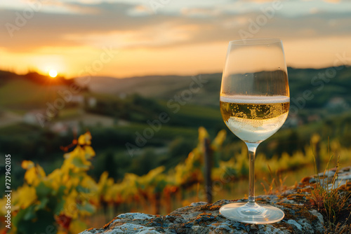 Wine glass with white wine at sunset in the vineyard photo