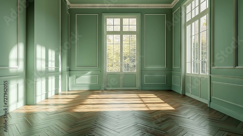 Green-walled room with classic French windows and herringbone floor photo