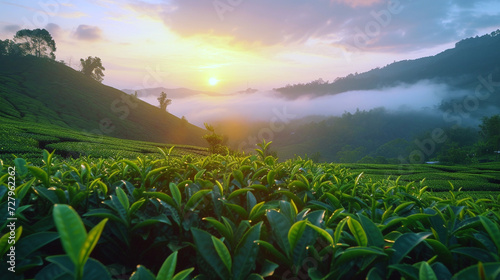 A serene tea plantation at dawn, with a gentle mist rolling over the hills. photo