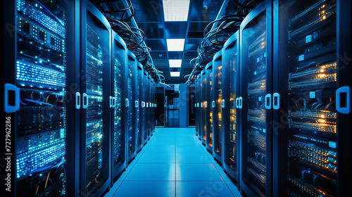 Modern data center racks with blue led lights hosting databases