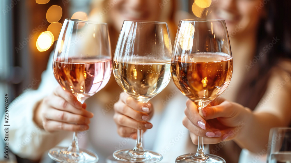 Obraz premium A group of girlfriends toasting glasses of wine in light pink and gold colors, close-up.