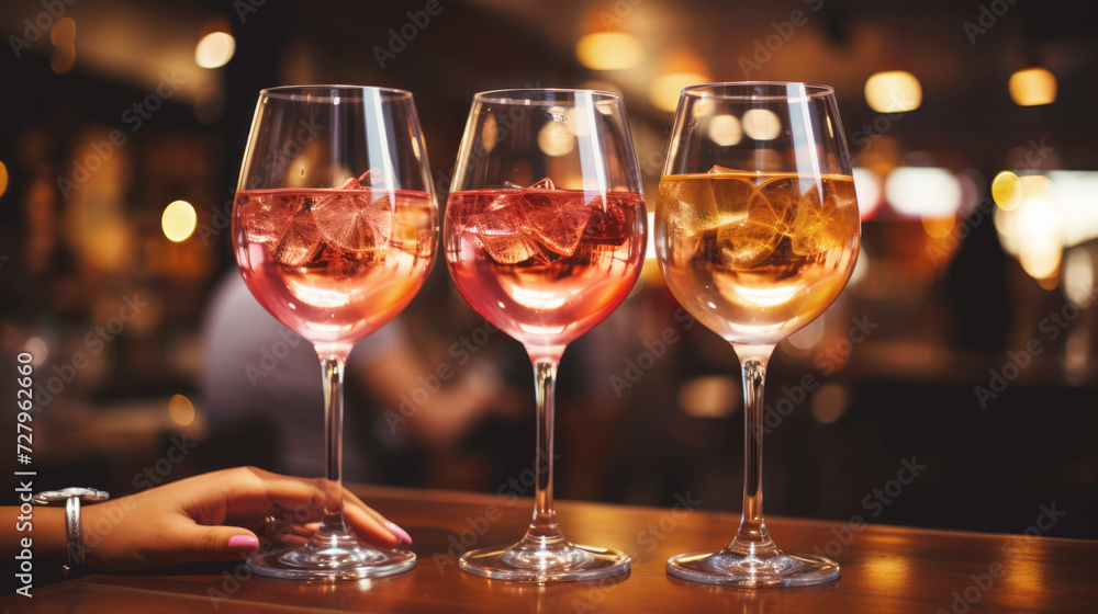 Three glasses with alcoholic cocktails stand on the bar counter. Party. Three glasses with alcoholic cocktails stand on the bar counter. Party.