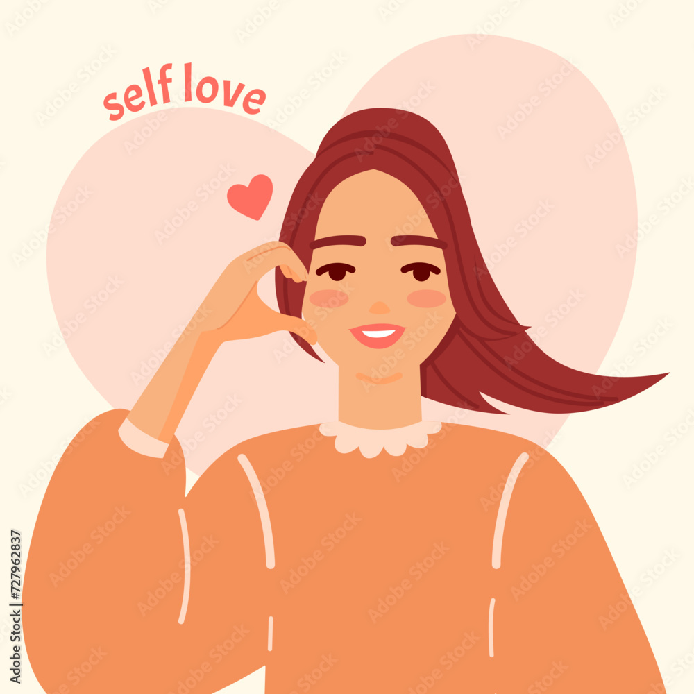 Valentine's day card with beautiful young woman making love gesture of finger heart. Love symbol and hand sign for self love. Cartoon vector illustration of happy girl isolated on white background Valentine's day card with beautiful young woman making love gesture of finger heart. Love symbol and hand sign for self love. Cartoon vector illustration of happy girl isolated on white background