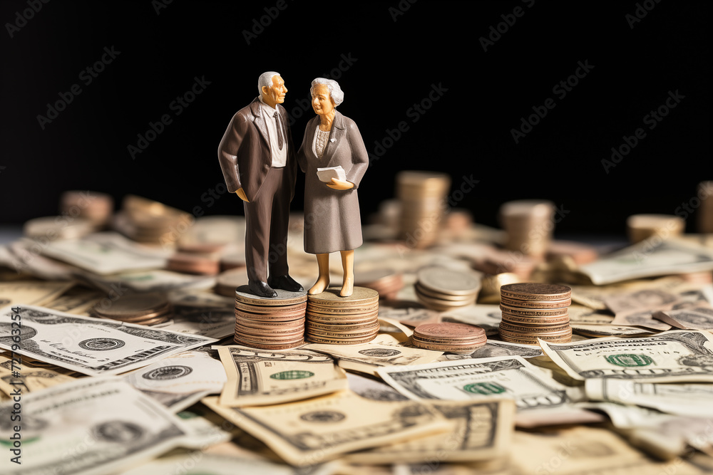 couple older figure standing on money coins saving for concept pension and retirement planning  - obrazy, fototapety, plakaty 