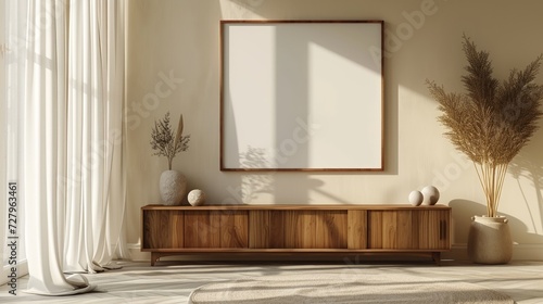 Cozy minimalist interior design with wooden credenza and natural light © sitimutliatul