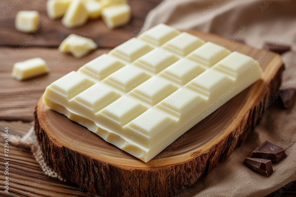 White chocolate bar on wooden background