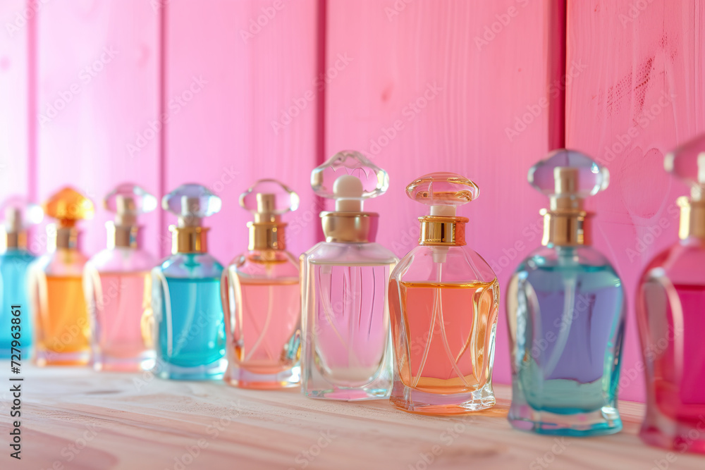Different bottles of colorful perfume bottles on wooden background Different bottles of colorful perfume bottles on wooden background