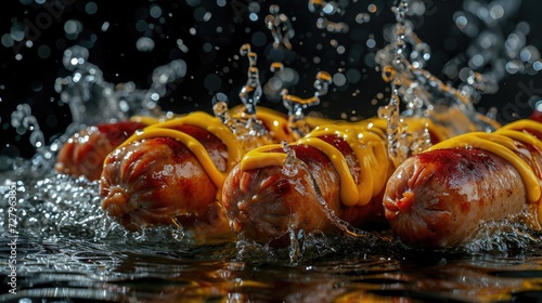 Grilled sausages with mustard and ketchup splash on black background