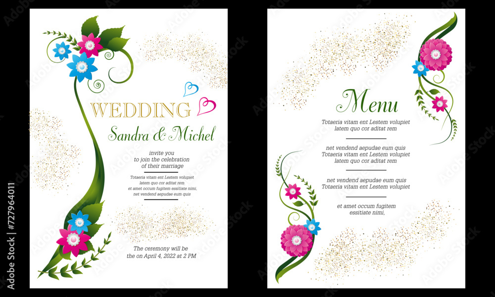 2 modèles de cartes pour un mariage, invitation et menu, au décor floral couleurs pastels, bleu et rose sur un fond blanc.