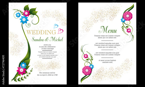 2 modèles de cartes pour un mariage, invitation et menu, au décor floral couleurs pastels, bleu et rose sur un fond blanc.