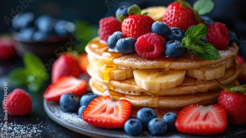 Pancakes creative decorated background with syrup, berry, fruit on plate. American breakfast pancakes stack on plate for kid menu, advert or package