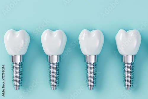 White dental tooth implants on blue background