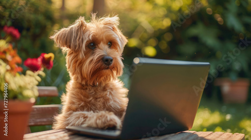 Cute puppy dog call center worker, online support worker in headphones with laptop. Puppy working outside. Funny creative concept for advert, poster, app, web