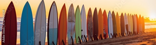 Surfboard on the beach at sunset - panoramic banner. Surfboards on the beach. Vacation Concept with Copy Space.