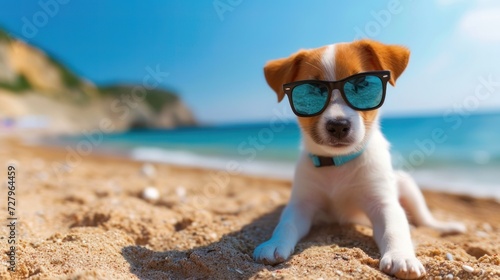 Cute puppy dog relax on beach. Puppy in sunglasses rest. Funny creative summer beach vacation concept © Happy Lab