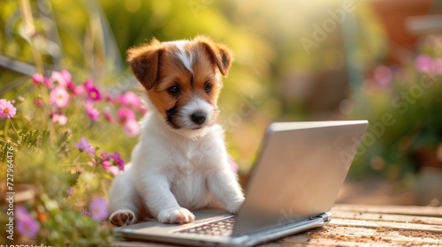Cute puppy dog call center worker, online support worker in headphones with laptop. Puppy working outside. Funny creative concept for advert, poster, app, web