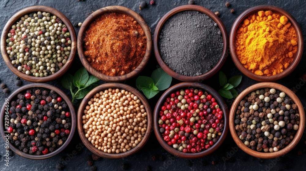 Variety of spice and herbs for cooking in bow, creative dark background, top view. Mixed spices seasoning for restaurant, menu, advert or package, close up. Top view Variety of spice and herbs for cooking in bow, creative dark background, top view. Mixed spices seasoning for restaurant, menu, advert or package, close up. Top view