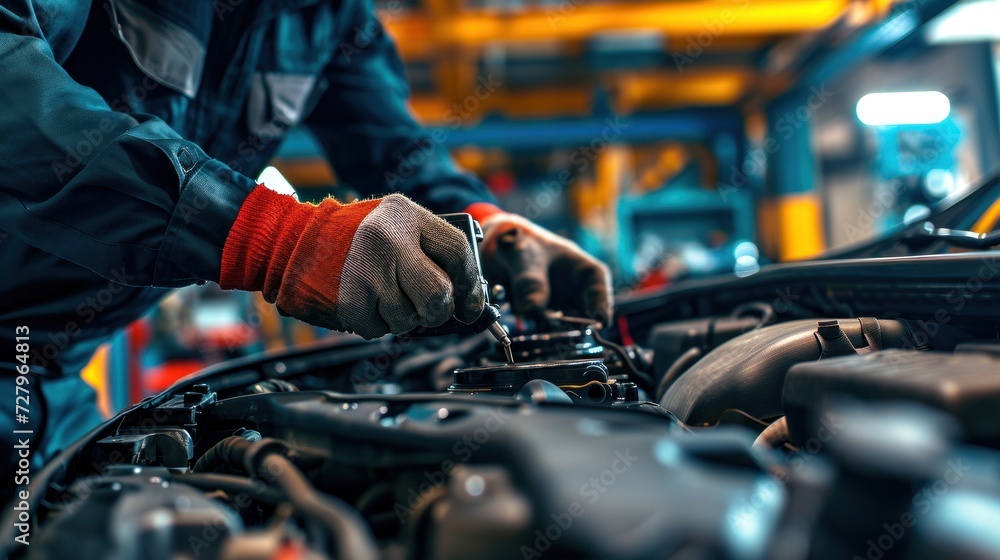 mechanic is doing the annual car inspection. Car repair shop is ready to serve. Car mechanic inspects car engine problems technical inspection engine safety Maintenance Changing the engine oil mechanic is doing the annual car inspection. Car repair shop is ready to serve. Car mechanic inspects car engine problems technical inspection engine safety Maintenance Changing the engine oil