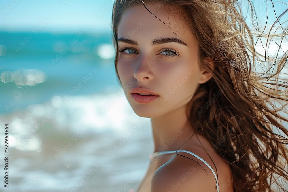 Beautiful young woman posing on the beach. Summer time