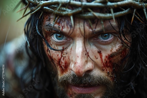 Jesus Christ in a crown of thorns with blood on his face during great suffering