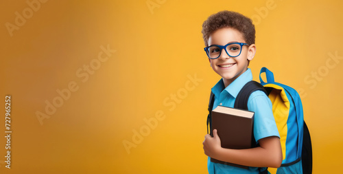 Happy smiling 10 year old mixed race boy wearing glasses and blue shirt with backpack and books, ready to go to school, yellow background. Smiling looking at the camera, holding a book in his hands