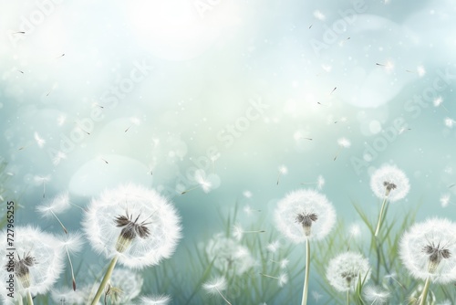 A mesmerizing sight as hundreds of dandelions sway gracefully in the wind  creating a scenic and lively landscape  spring background with white dandelions  AI Generated