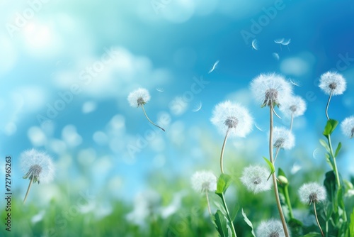 A mesmerizing photo capturing dandelions floating through the air on a beautiful sunny day  spring background with white dandelions  AI Generated