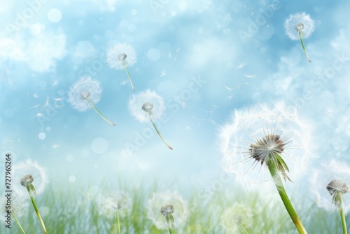 Capturing the exquisite dance of a dandelion as its delicate seeds ride the wind on a bright and sunny day, spring background with white dandelions, AI Generated
