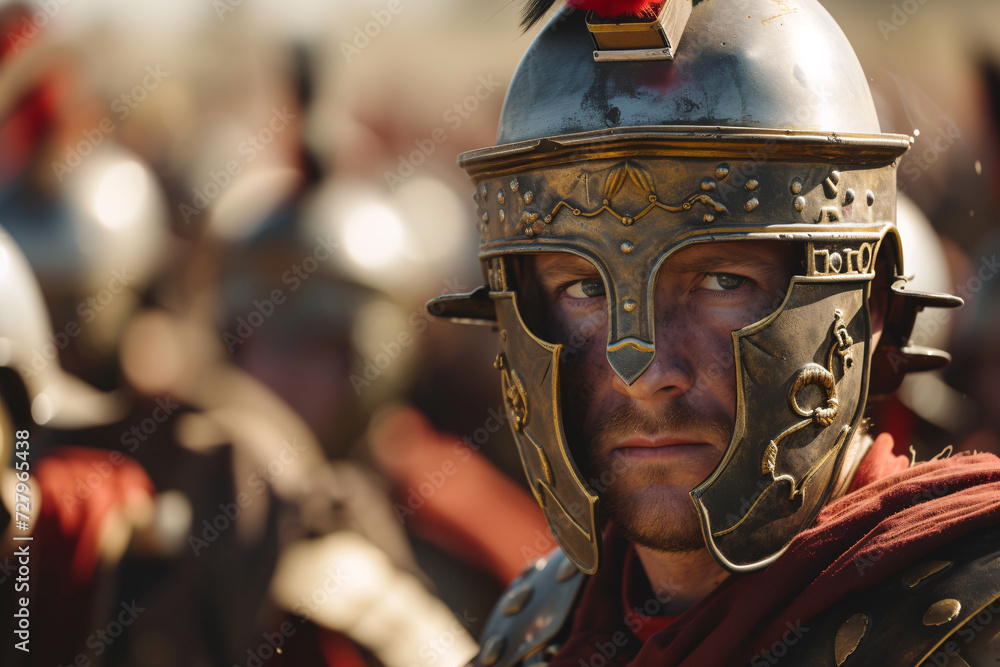 A Roman soldier wearing his armor on the battlefield