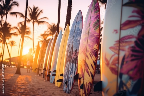 Surfboards on the beach at sunset time - Vintage filter effect. Surfboards on the beach. Vacation Concept with Copy Space. #727965415