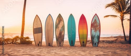 Surfboards on the beach at sunset time - Vintage filter effect. Surfboards on the beach. Vacation Concept with Copy Space. #727965446