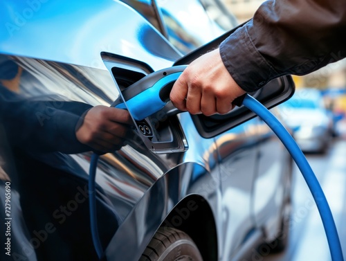 Electric vehicle charging with plugged in blue power cable. EV car concept