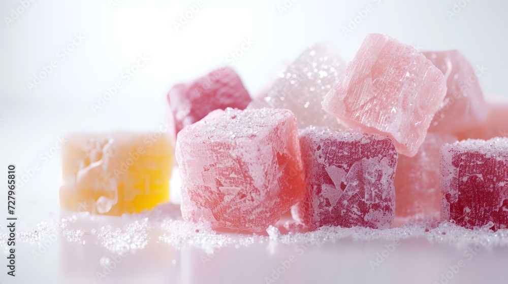Turkish delight on a white background. Selective focus. Toned. Turkish delight on a white background. Selective focus. Toned.
