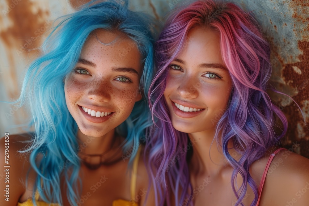Fototapeta premium Two joyful women radiate beauty and confidence with their vibrant red and surfer blonde ringlets cascading over their layered clothing, showcasing the power and allure of long hair