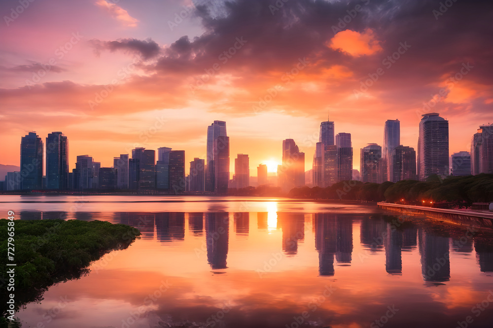 Obraz premium Dramatic sunset view of the iconic skyline with river. Ai generated.