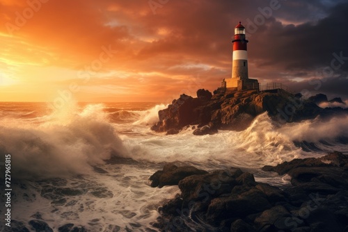 Lighthouse Perched on Ocean Rock, Guiding Ships to Safety, Sunset view of a lighthouse on a rocky cliff, with crashing waves below, AI Generated © Iftikhar alam